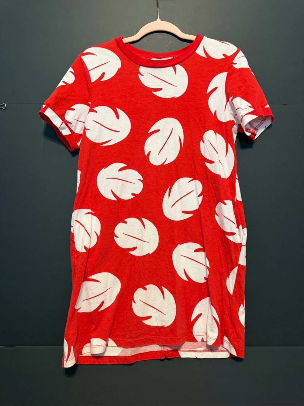 Red T-Shirt Dress with White Leaf Print